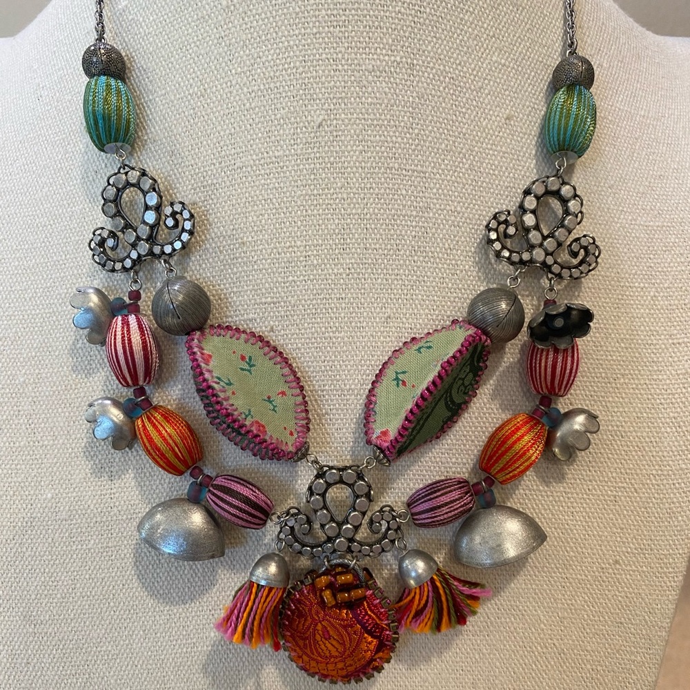 Vintage Ayala Bar “Hip” Textile Tassel Silk Bead Silver-plated Necklace EUC